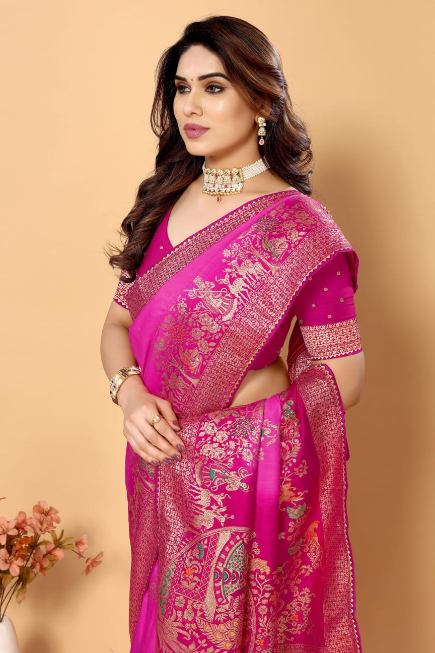 Pure Viscose Dola Silk All Over Jacquard Weaving Rich Kalamkari Pallu And Border Saree