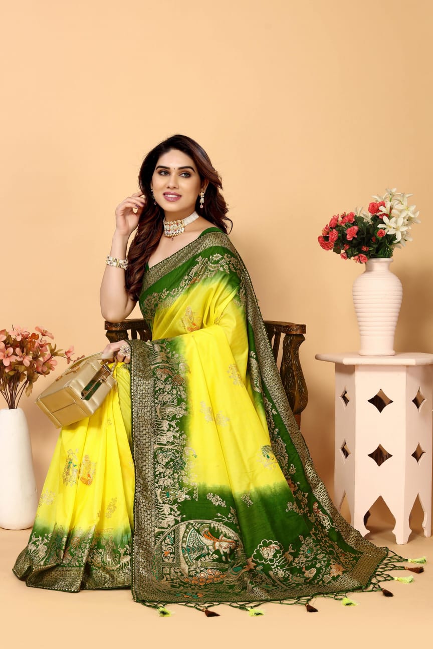 Pure Viscose Dola Silk All Over Jacquard Weaving Rich Kalamkari Pallu And Border Saree