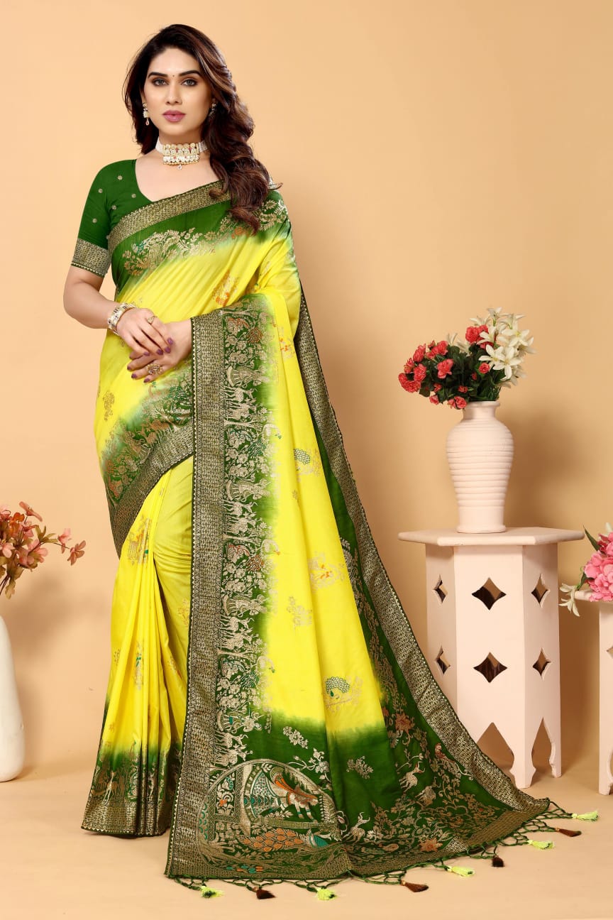 Pure Viscose Dola Silk All Over Jacquard Weaving Rich Kalamkari Pallu And Border Saree