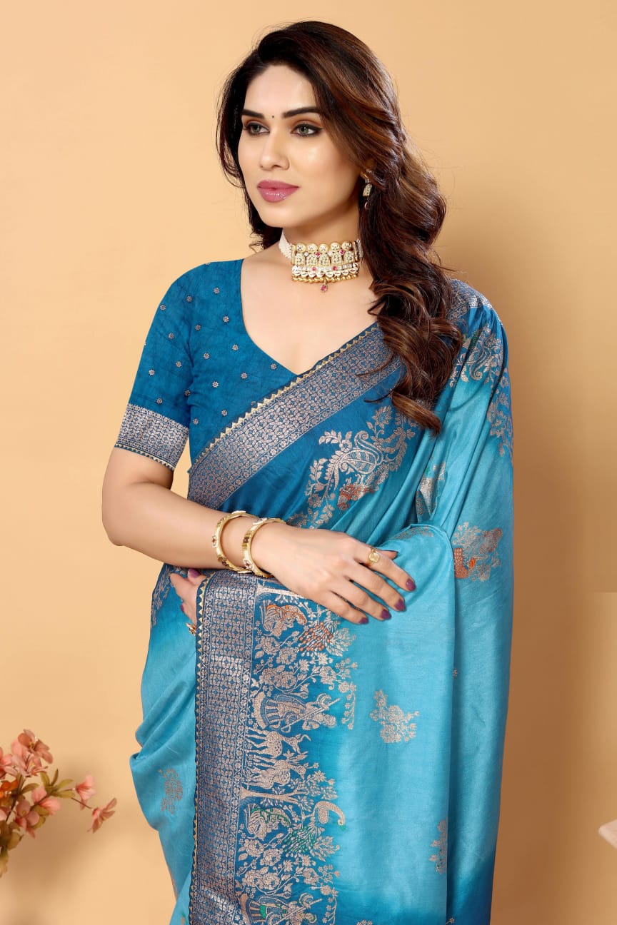 Pure Viscose Dola Silk All Over Jacquard Weaving Rich Kalamkari Pallu And Border Saree