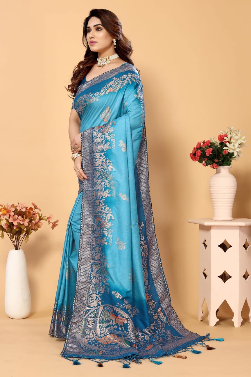 Pure Viscose Dola Silk All Over Jacquard Weaving Rich Kalamkari Pallu And Border Saree