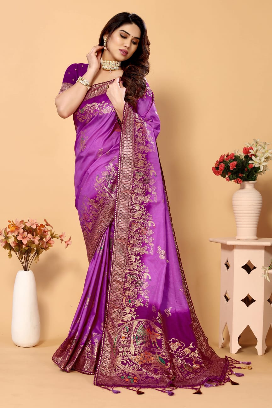 Pure Viscose Dola Silk All Over Jacquard Weaving Rich Kalamkari Pallu And Border Saree