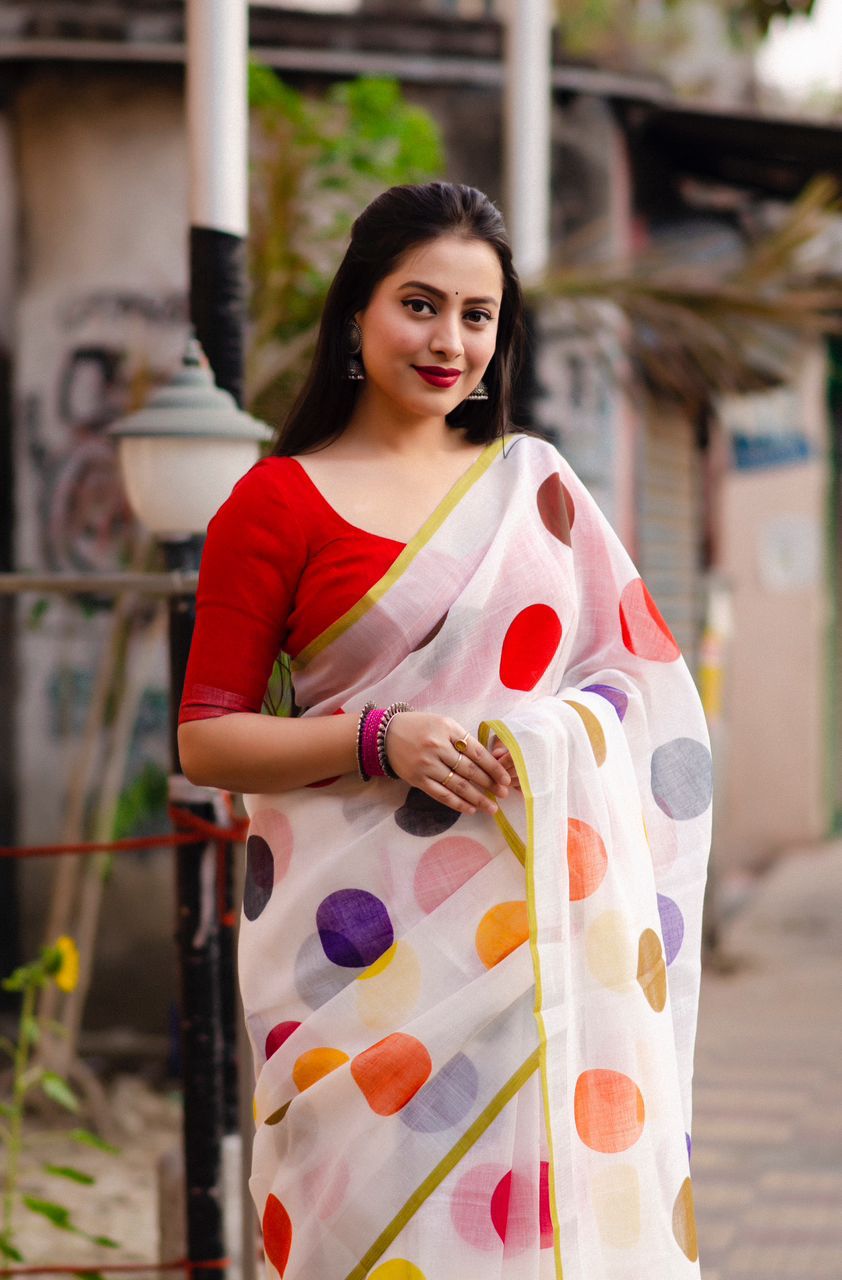 Pure Linen Multi Color Polka Dot Digital Printed With Wooden Tassels Pallu Saree