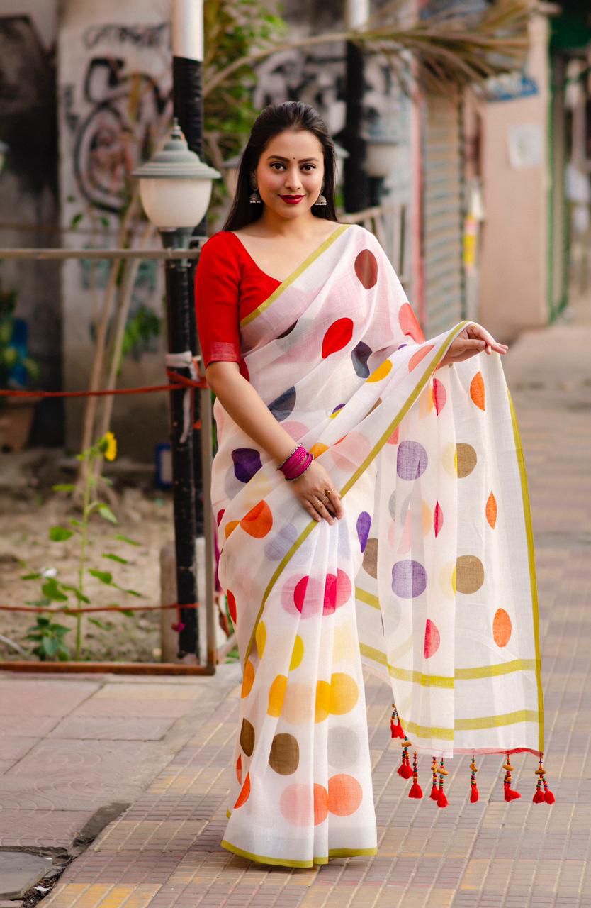 Pure Linen Multi Color Polka Dot Digital Printed With Wooden Tassels Pallu Saree