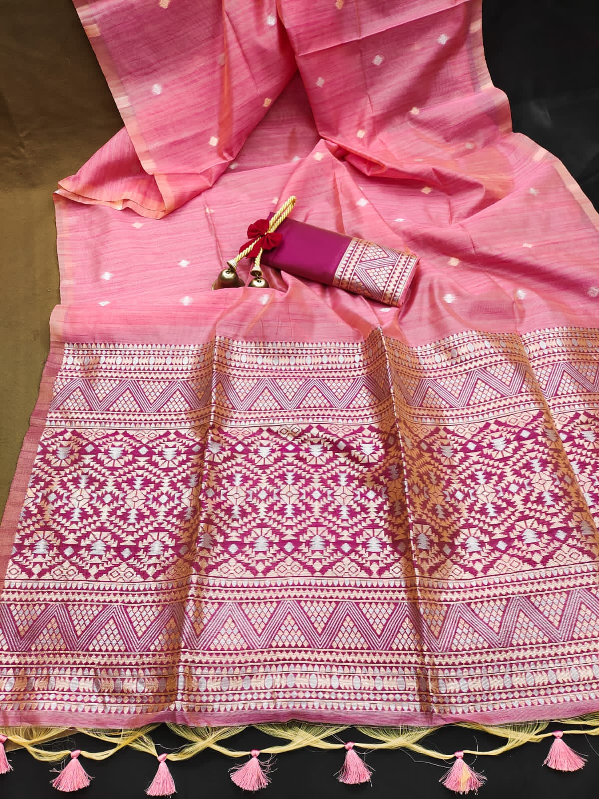 Tussar Silk Small Booti All Over With Fancy Meena Weaved Pallu Border Saree