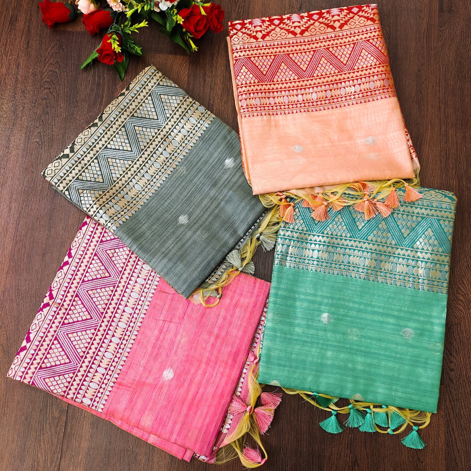 Tussar Silk Small Booti All Over With Fancy Meena Weaved Pallu Border Saree