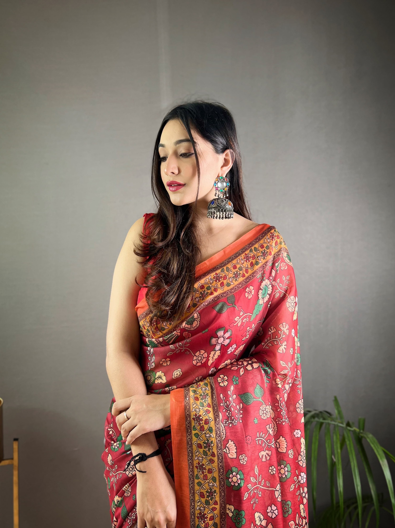 Red Pure Malai Cotton Kalamkari Digital Printed Saree