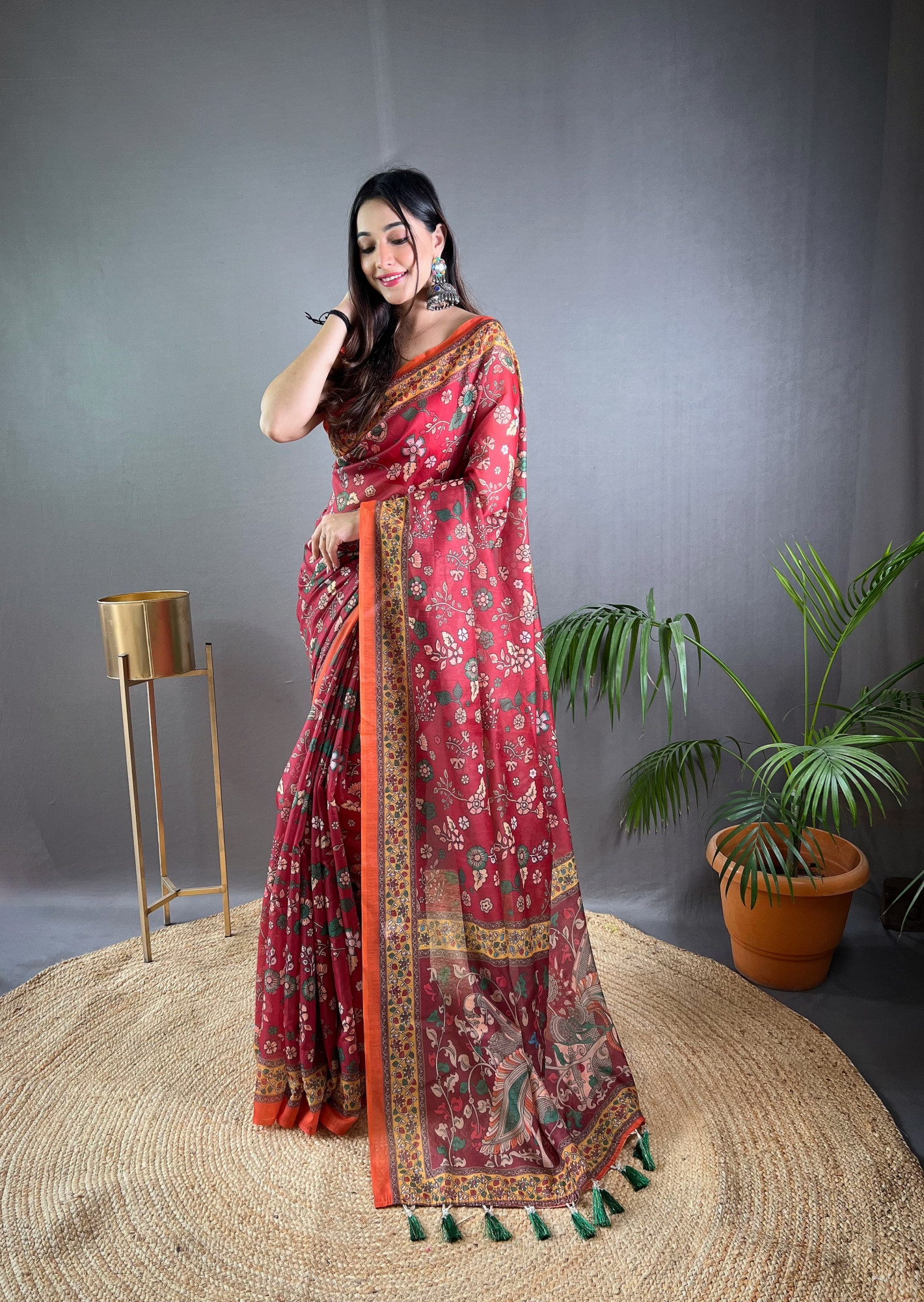 Red Pure Malai Cotton Kalamkari Digital Printed Saree