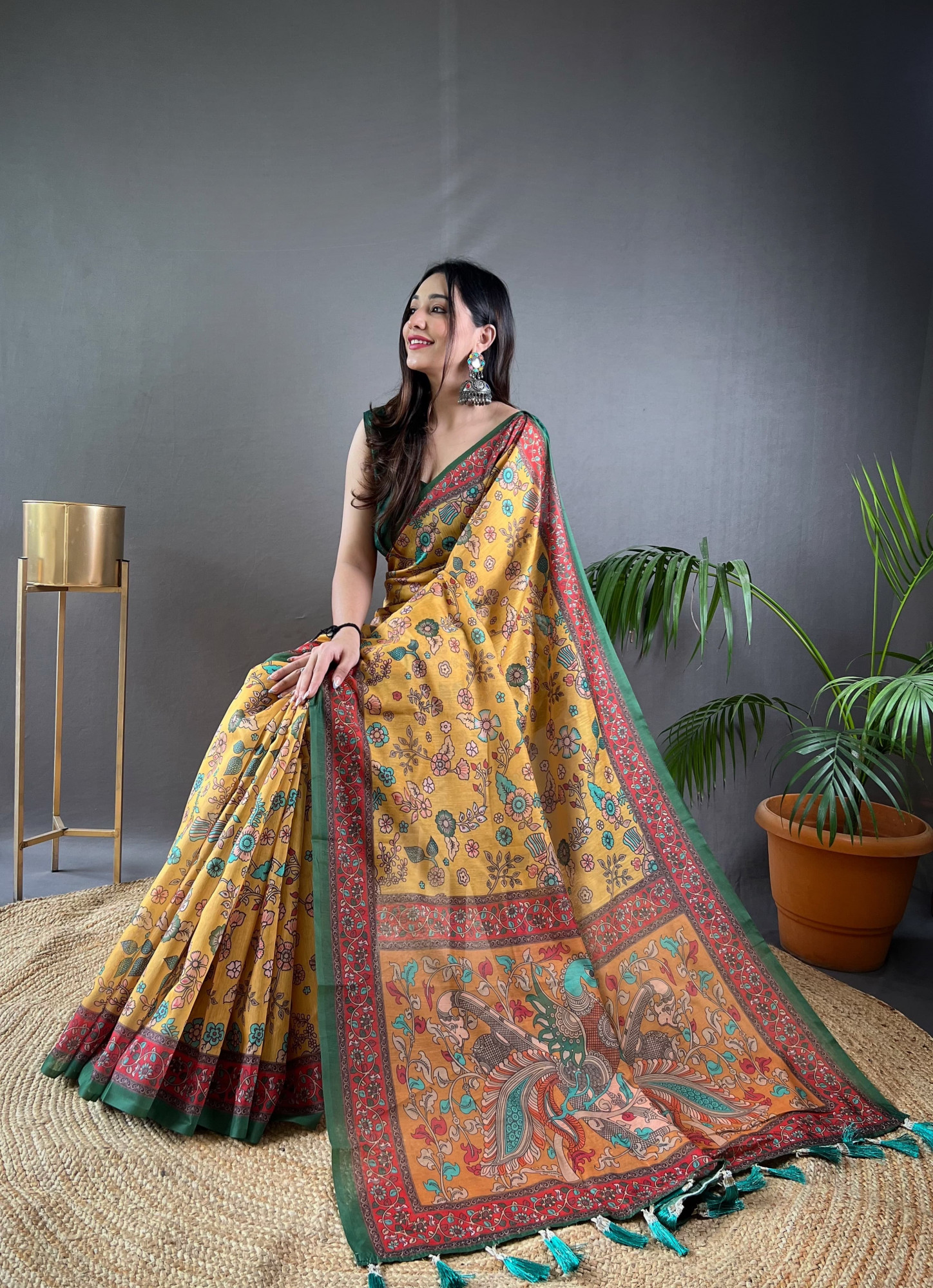 Yellow Pure Malai Cotton Kalamkari Digital Printed Saree