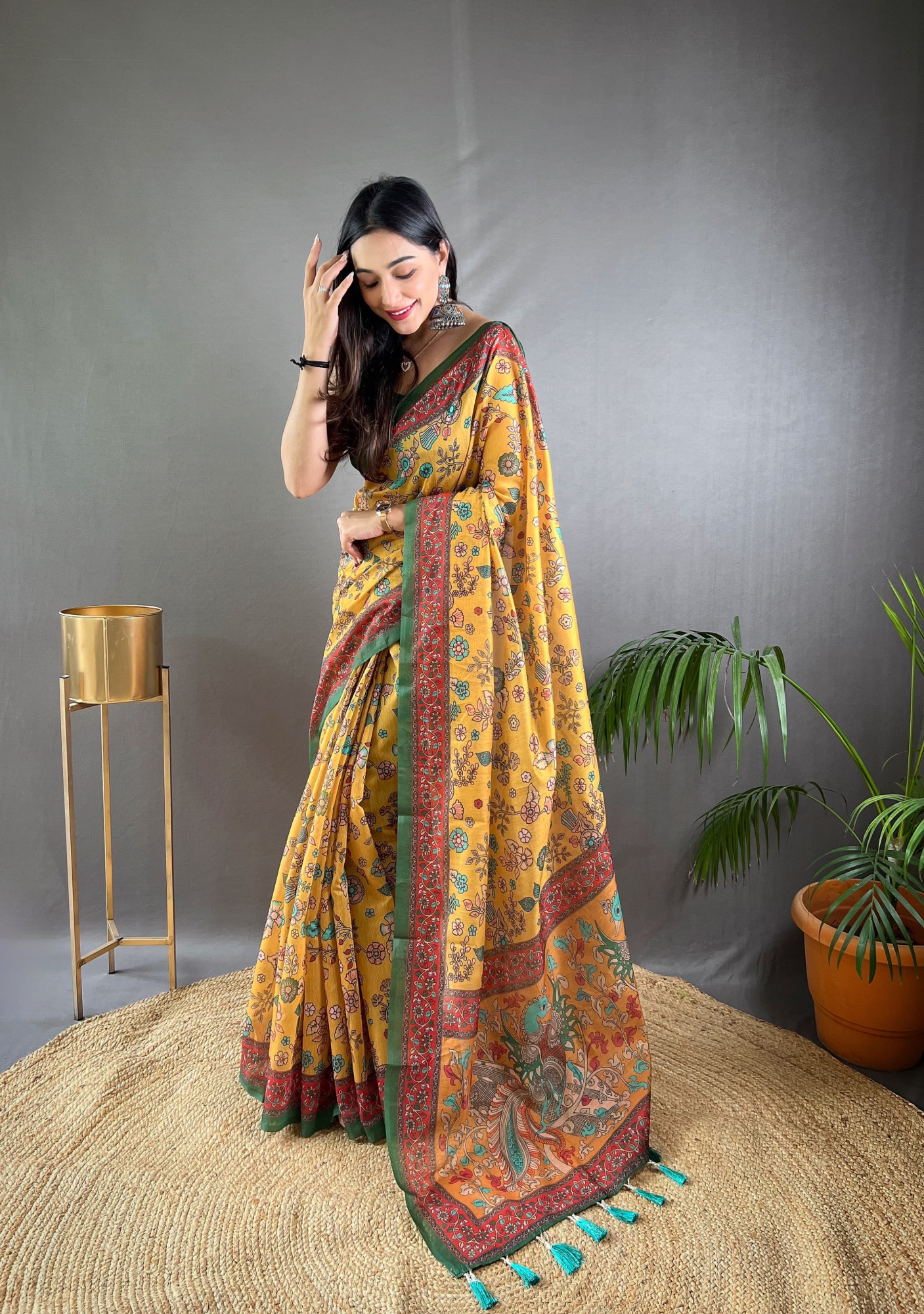 Yellow Pure Malai Cotton Kalamkari Digital Printed Saree