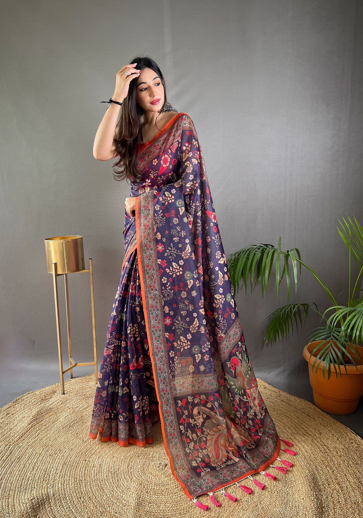 Indigo Blue Pure Malai Cotton Kalamkari Digital Printed Saree