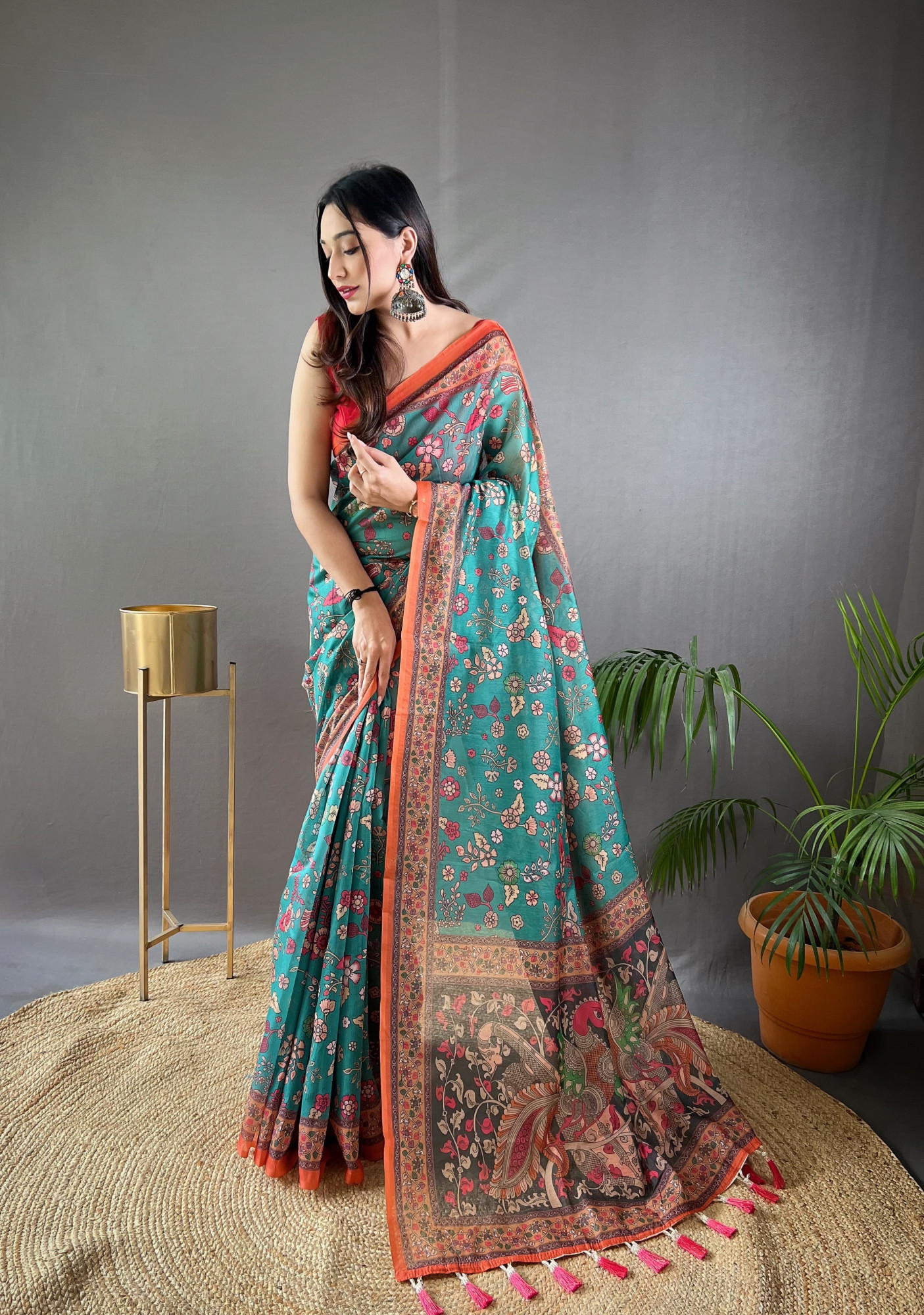 Teal Pure Malai Cotton Kalamkari Digital Printed Saree