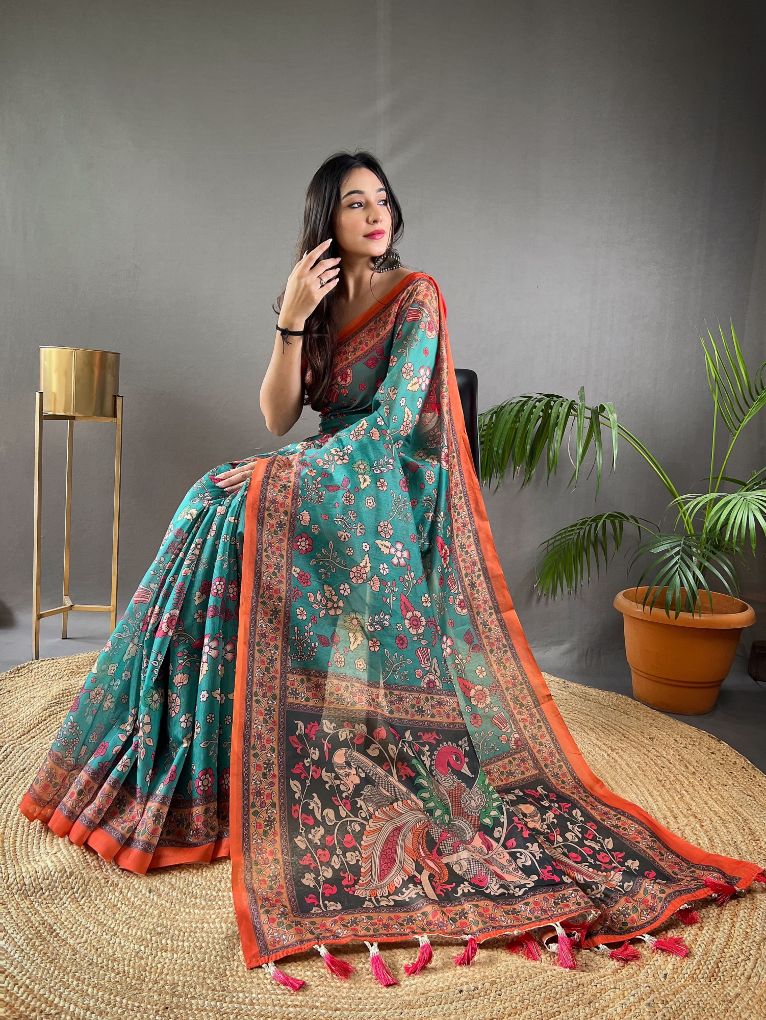 Teal Pure Malai Cotton Kalamkari Digital Printed Saree