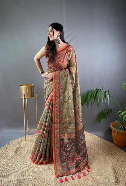 Image of Olive Green Pure Malai Cotton Kalamkari Digital Printed Saree