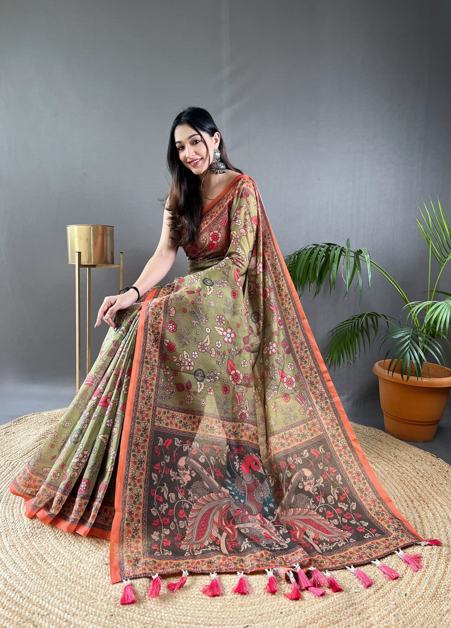 Olive Green Pure Malai Cotton Kalamkari Digital Printed Saree