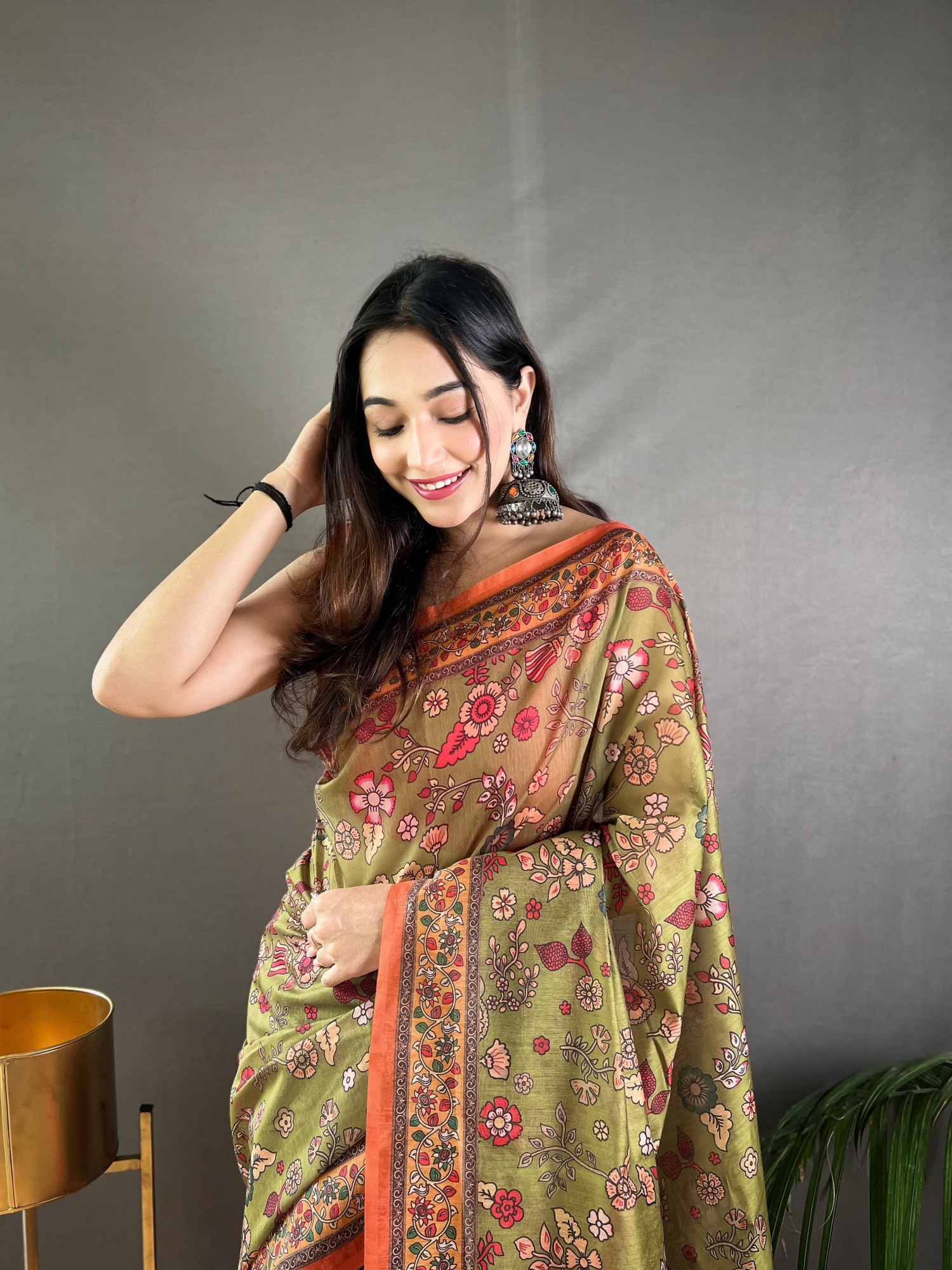Olive Green Pure Malai Cotton Kalamkari Digital Printed Saree