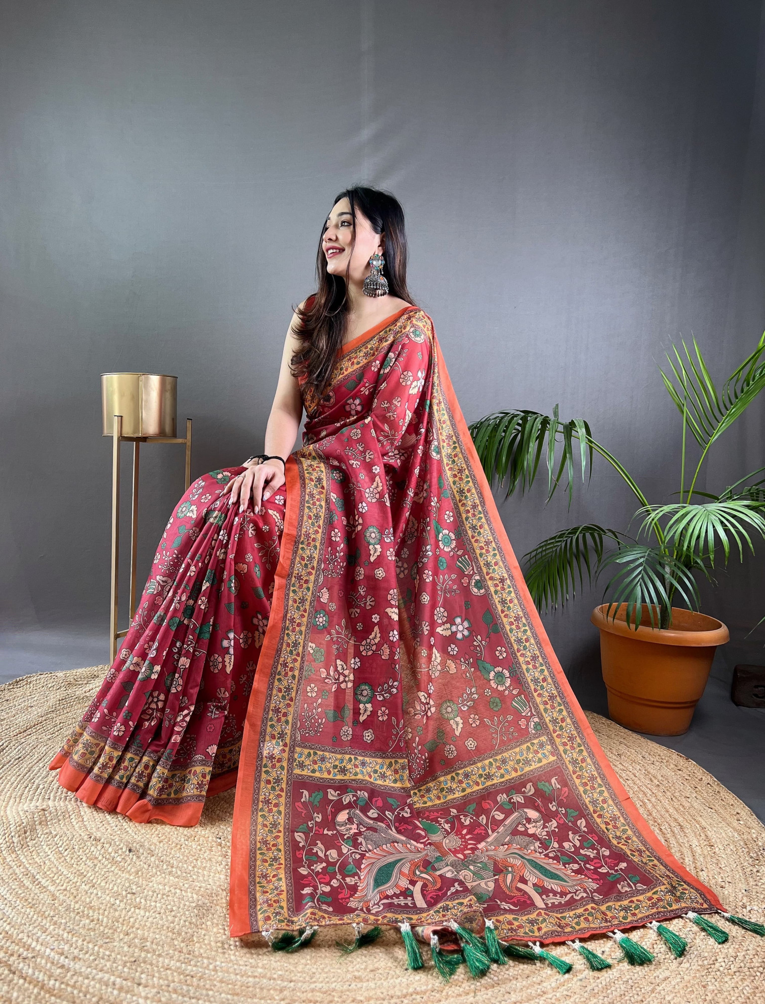 Red Pure Malai Cotton Kalamkari Digital Printed Saree
