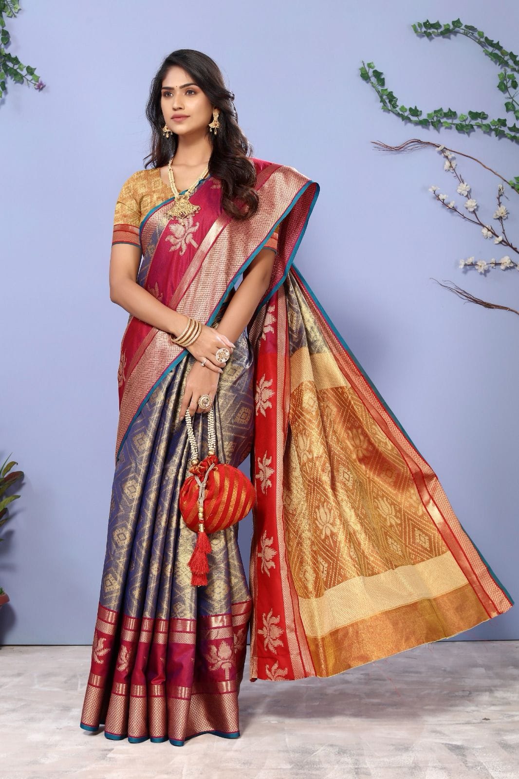 Banarasi Silk Jacquard Self Weaved With Contrast Pallu And Border Saree