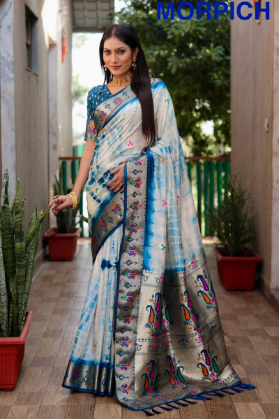 Image of Turquoise Banarasi Silk Shibory Tie-Die Printed Rich Paithani Weaved Pallu Border Saree