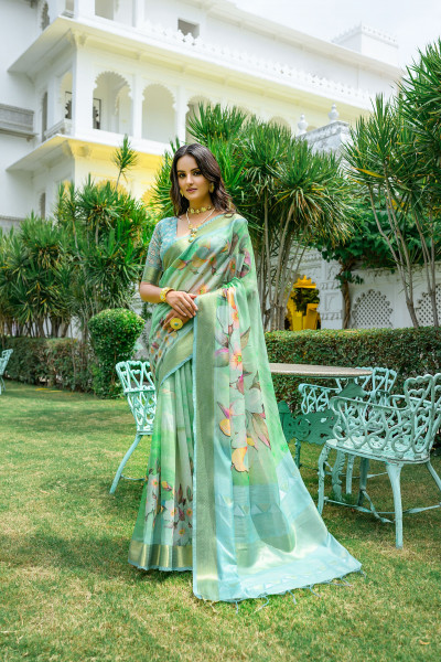 Image of Mint Green Pure Linen Cotton Floral Digital Printed Body Rich Zari Weaved Pallu Saree