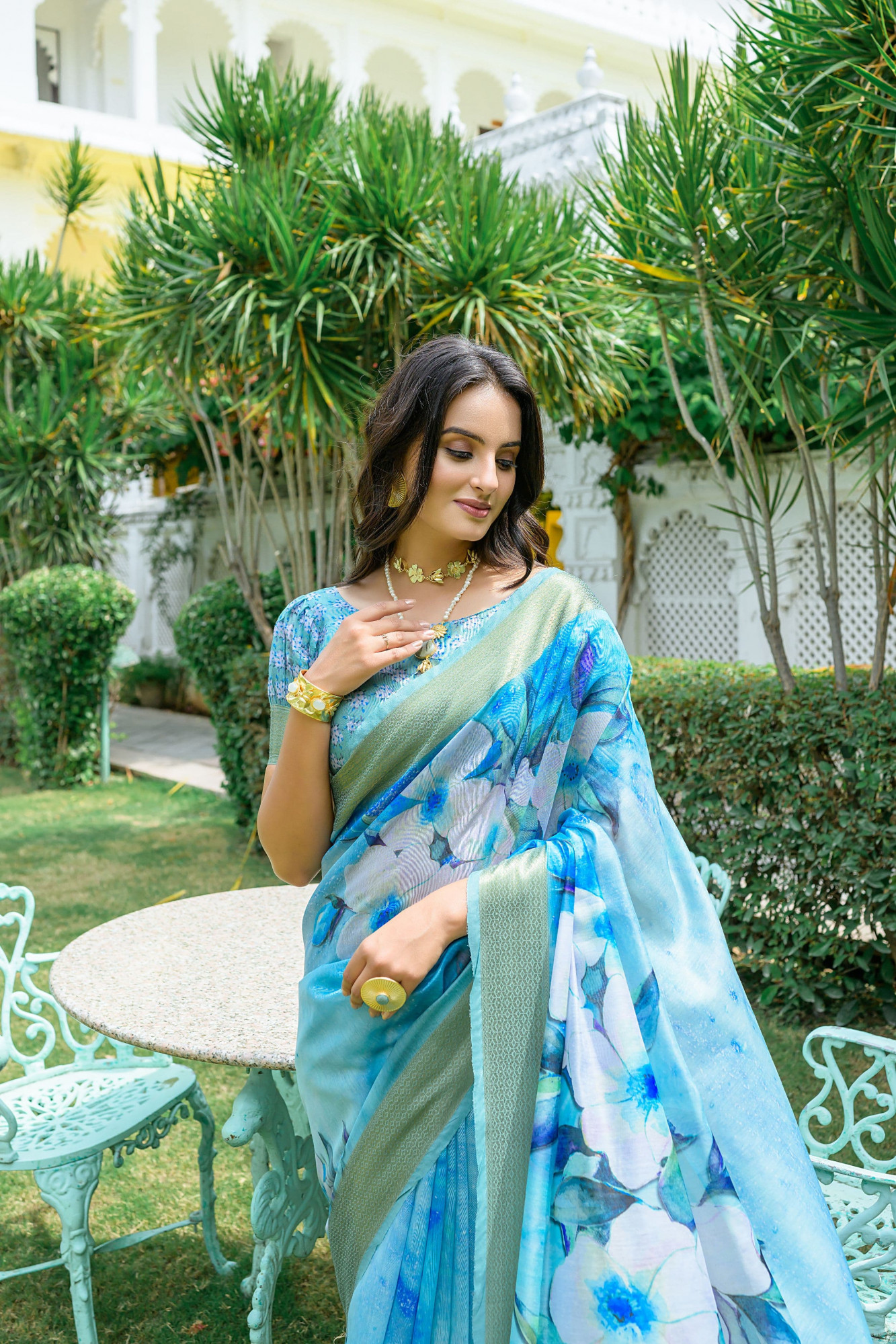 Sky Blue Pure Linen Cotton Floral Digital Printed Body Rich Zari Weaved Pallu Saree