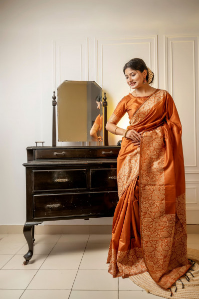 Image of Rust Handloom Silk Kalamkari Weaved Rich Pallu Border Saree