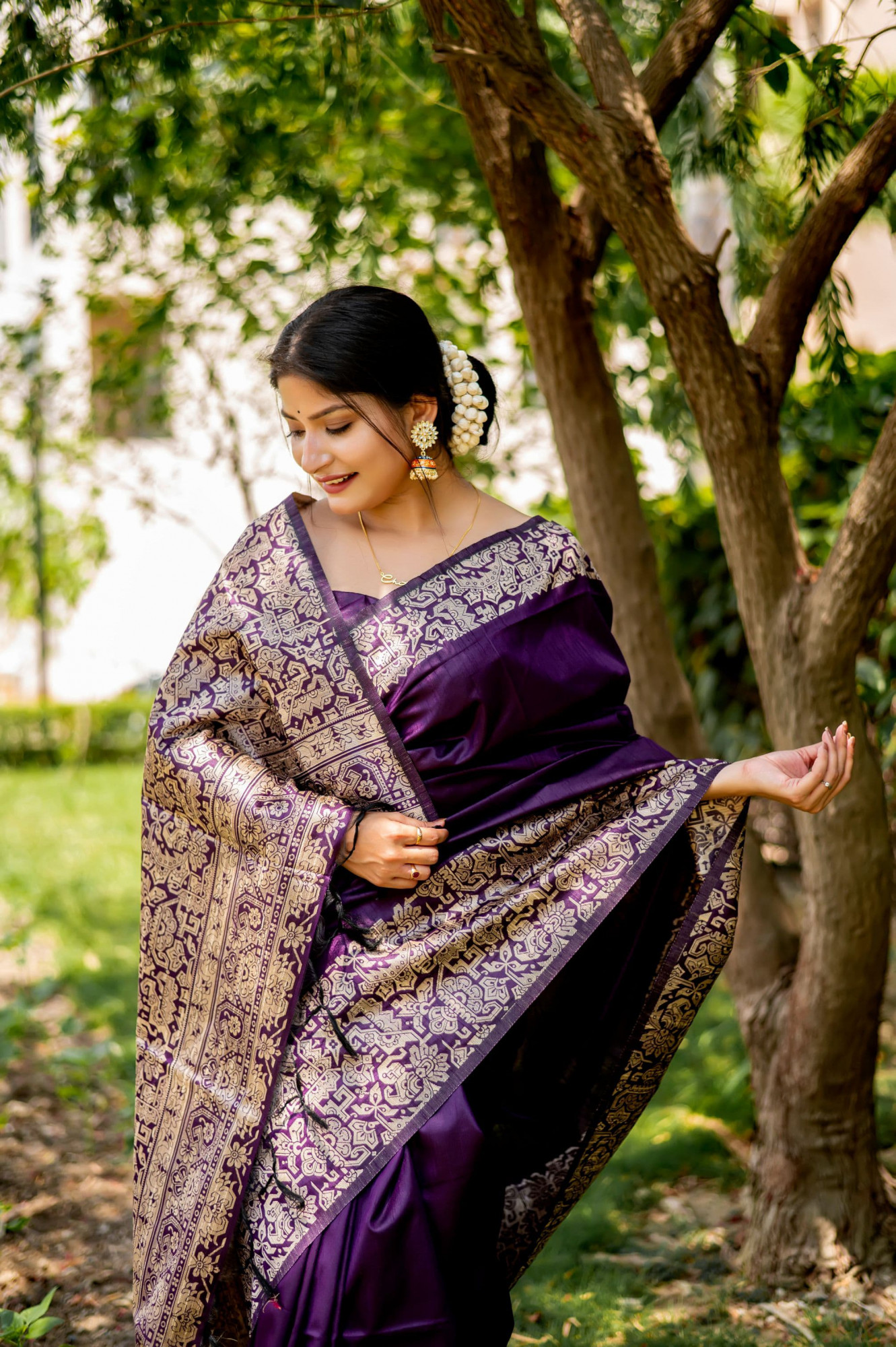Dark Purple Handloom Silk Kalamkari Weaved Rich Pallu Border Saree