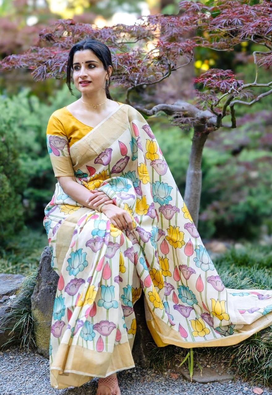 White Pure Linen Digital Printed Saree With Zari Border And Yellow Blouse Piece