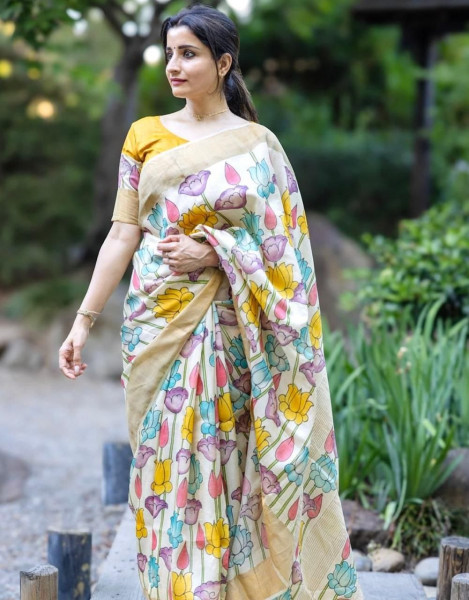 Image of White Pure Linen Digital Printed Saree With Zari Border And Yellow Blouse Piece