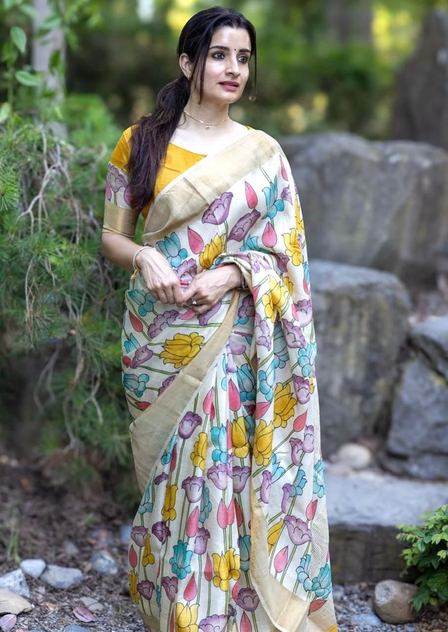 White Pure Linen Digital Printed Saree With Zari Border And Yellow Blouse Piece