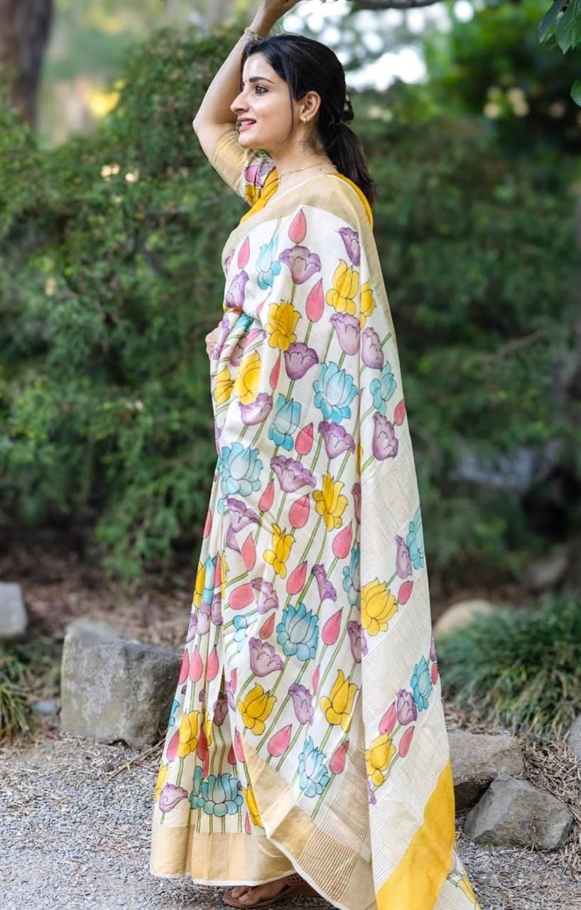 White Pure Linen Digital Printed Saree With Zari Border And Yellow Blouse Piece