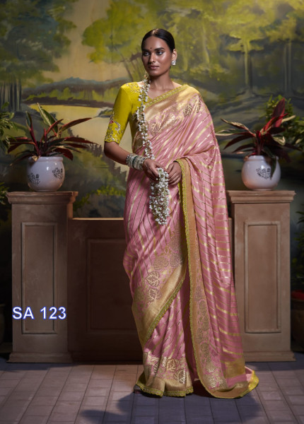Image of Pink Pure Dola Silk Lehariya Zari Weaved And Zari Border Embroidered Blouse Piece Saree