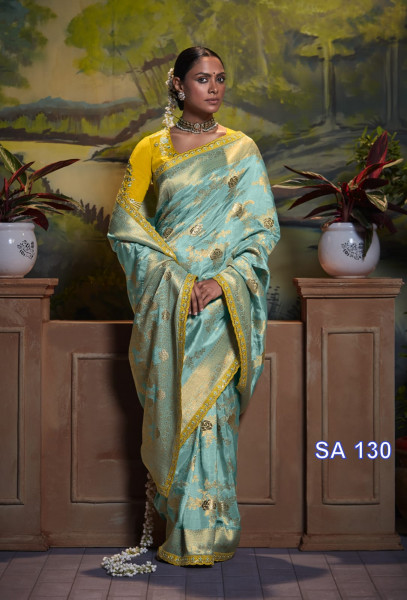 Image of Sky Blue Pure Dola Silk Lehariya Zari Weaved And Zari Border Embroidered Blouse Piece Saree