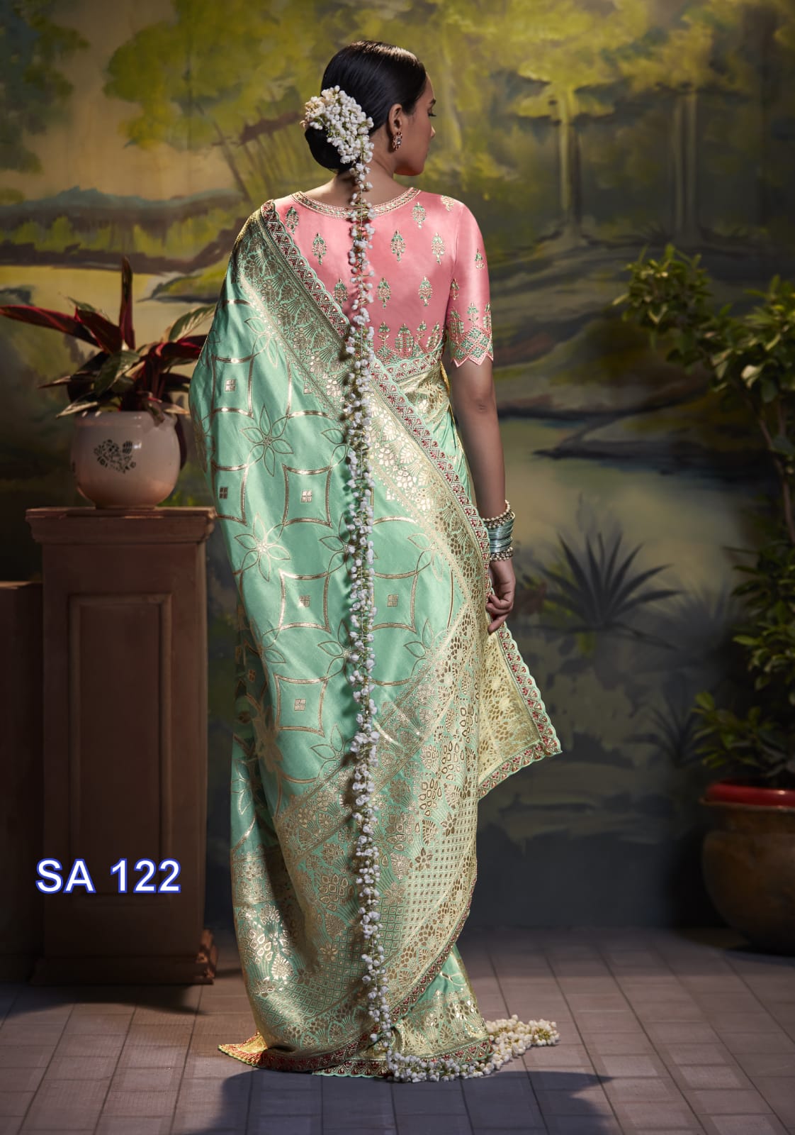 C-Green Pure Dola Silk Lehariya Zari Weaved And Zari Border Embroidered Blouse Piece Saree