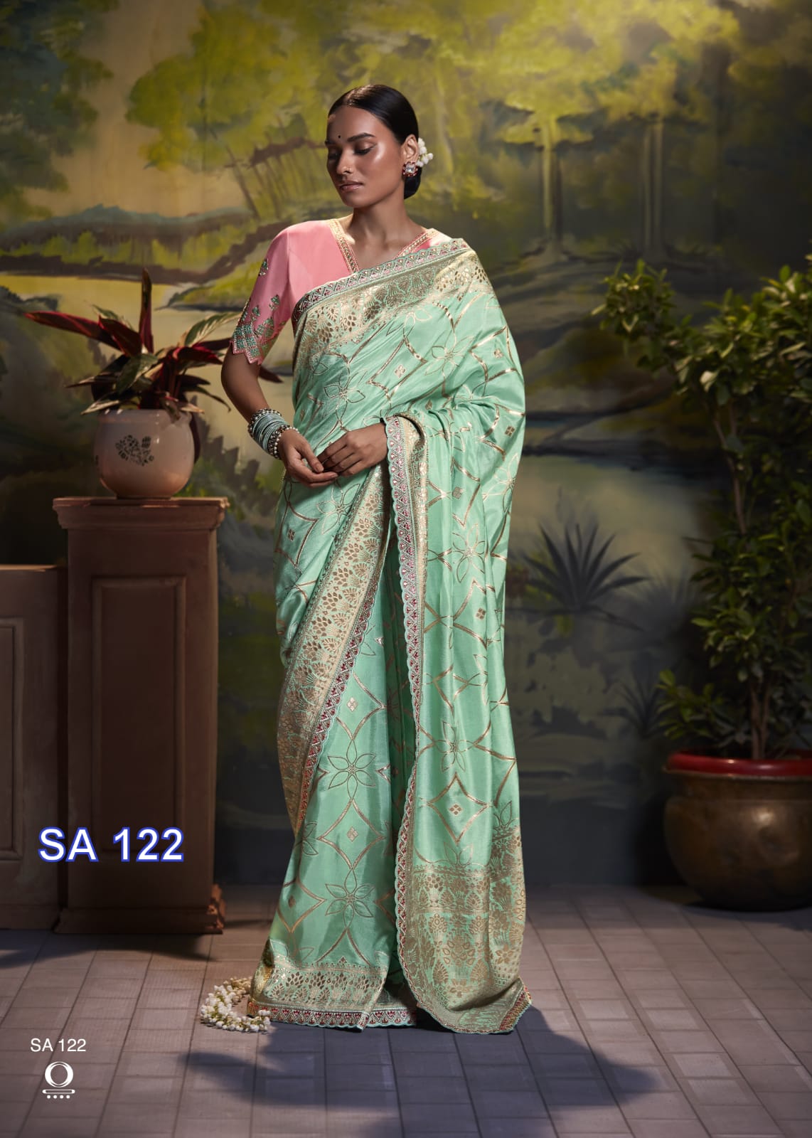 C-Green Pure Dola Silk Lehariya Zari Weaved And Zari Border Embroidered Blouse Piece Saree