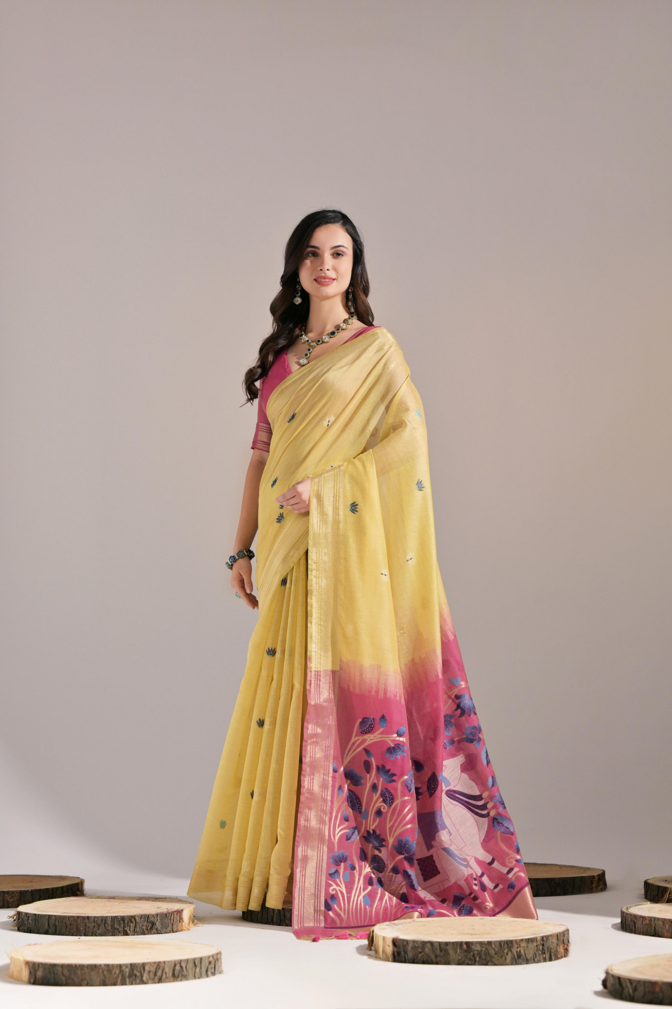 Yellow Pure Muga Cotton Resham Zari Weaved Saree