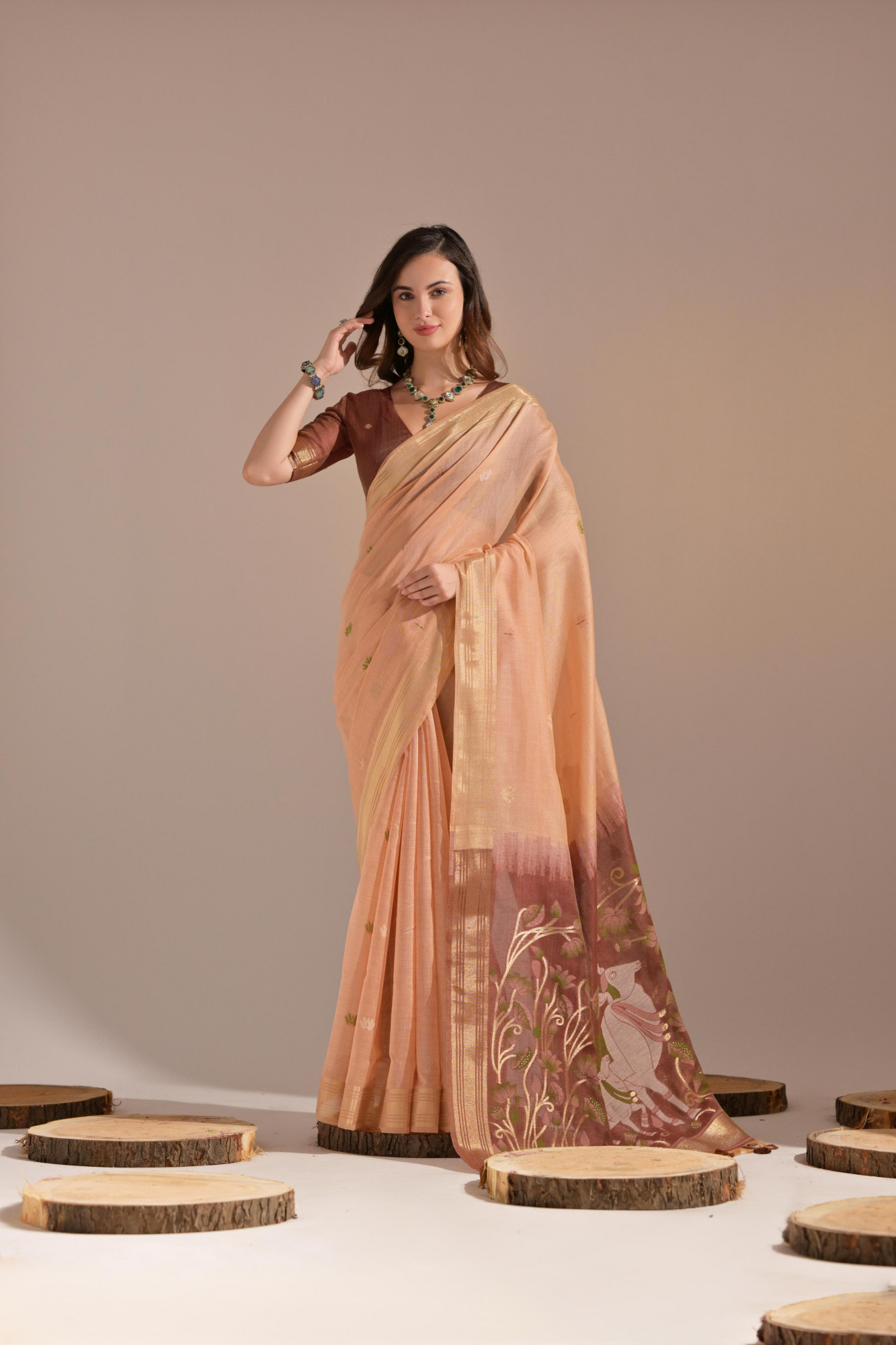 Light Orange Pure Muga Cotton Resham Zari Weaved Saree