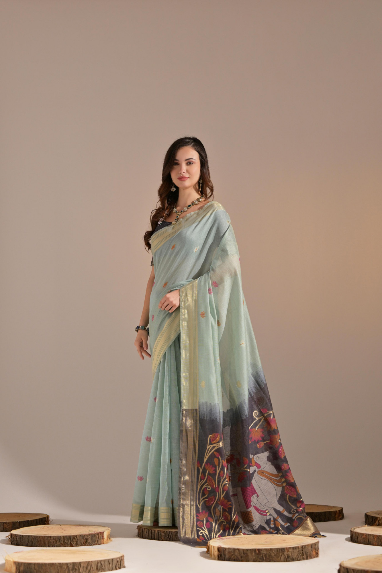 Light C-Green Pure Muga Cotton Resham Zari Weaved Saree