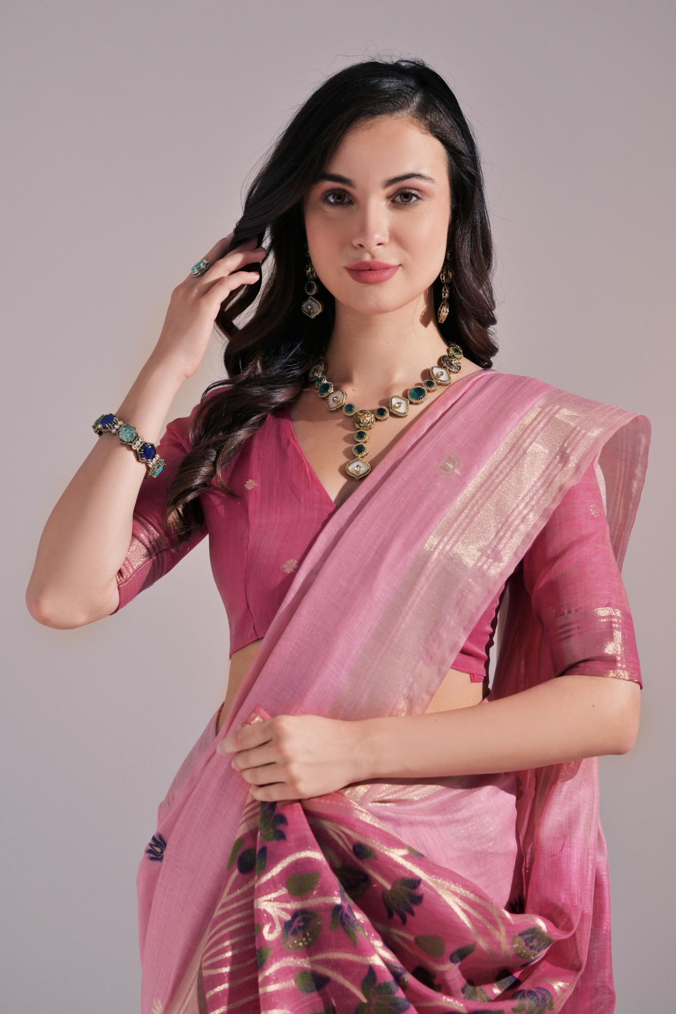 Pink Pure Muga Cotton Resham Zari Weaved Saree