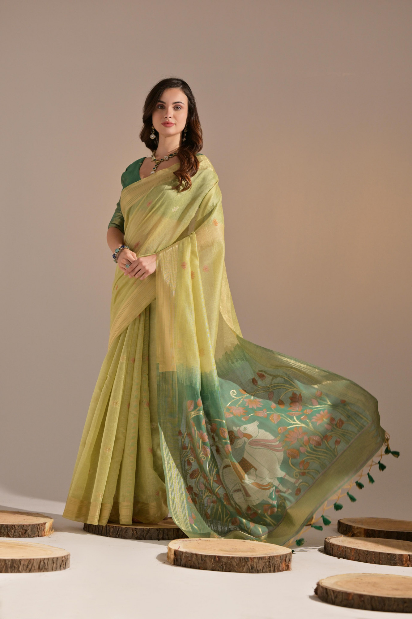Light Mehendi Pure Muga Cotton Resham Zari Weaved Saree