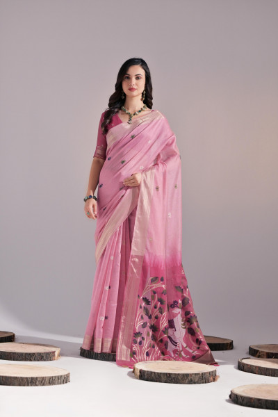 Image of Pink Pure Muga Cotton Resham Zari Weaved Saree