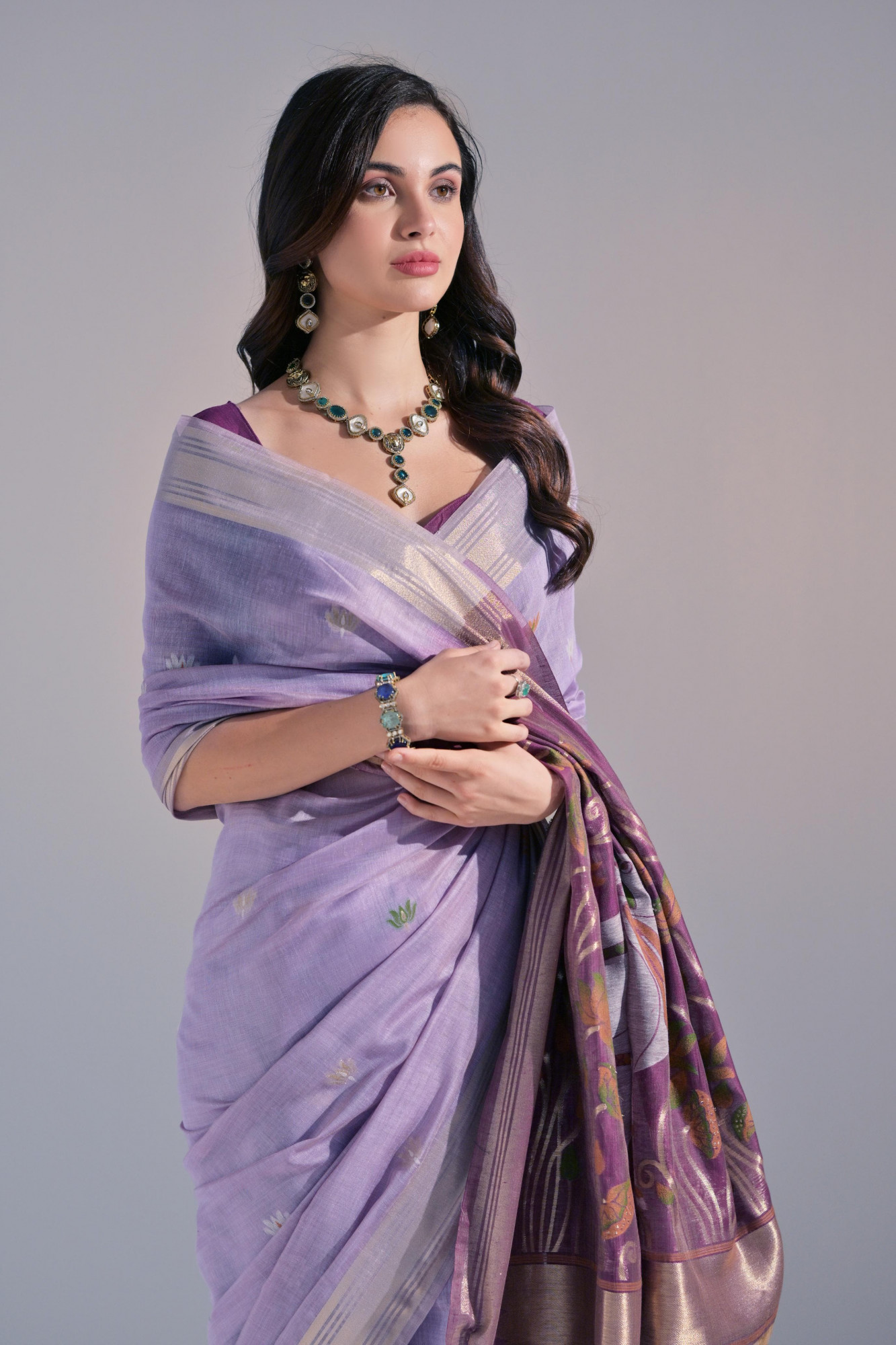 Lavender Pure Muga Cotton Resham Zari Weaved Saree