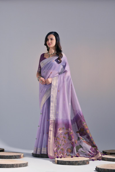 Image of Lavender Pure Muga Cotton Resham Zari Weaved Saree