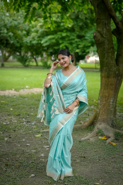 Image of Sky Blue Banarasi Soft Silk All Over Weaved Zari Lining Rich Pallu Border Saree