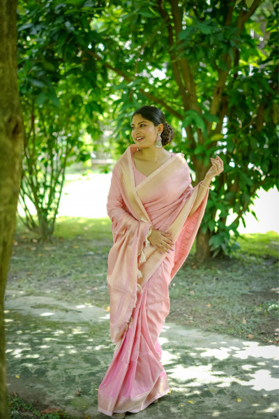 Image of Pink Banarasi Soft Silk All Over Weaved Zari Lining Rich Pallu Border Saree