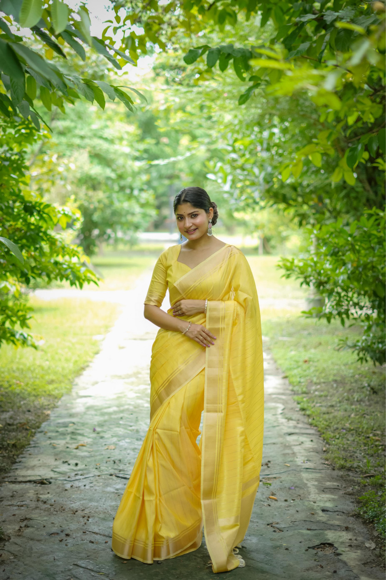 Yellow Banarasi Soft Silk All Over Weaved Zari Lining Rich Pallu Border Saree