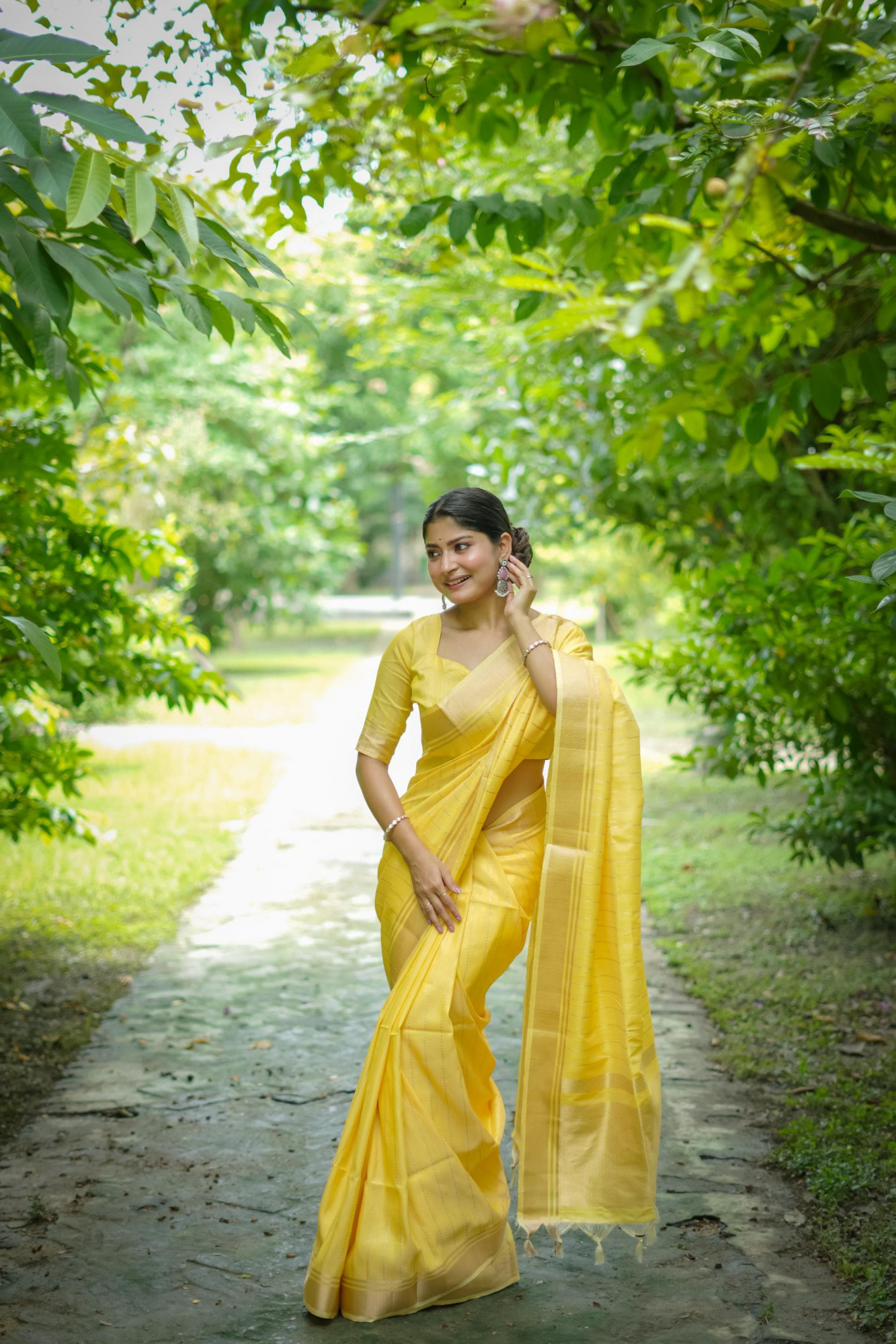 Yellow Banarasi Soft Silk All Over Weaved Zari Lining Rich Pallu Border Saree