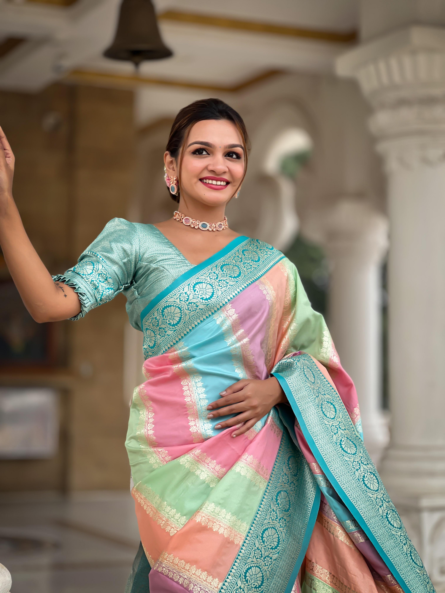 Multicolor Pure Banarasi Silk Silver Zari Weaved Stripes Rich Pallu Saree