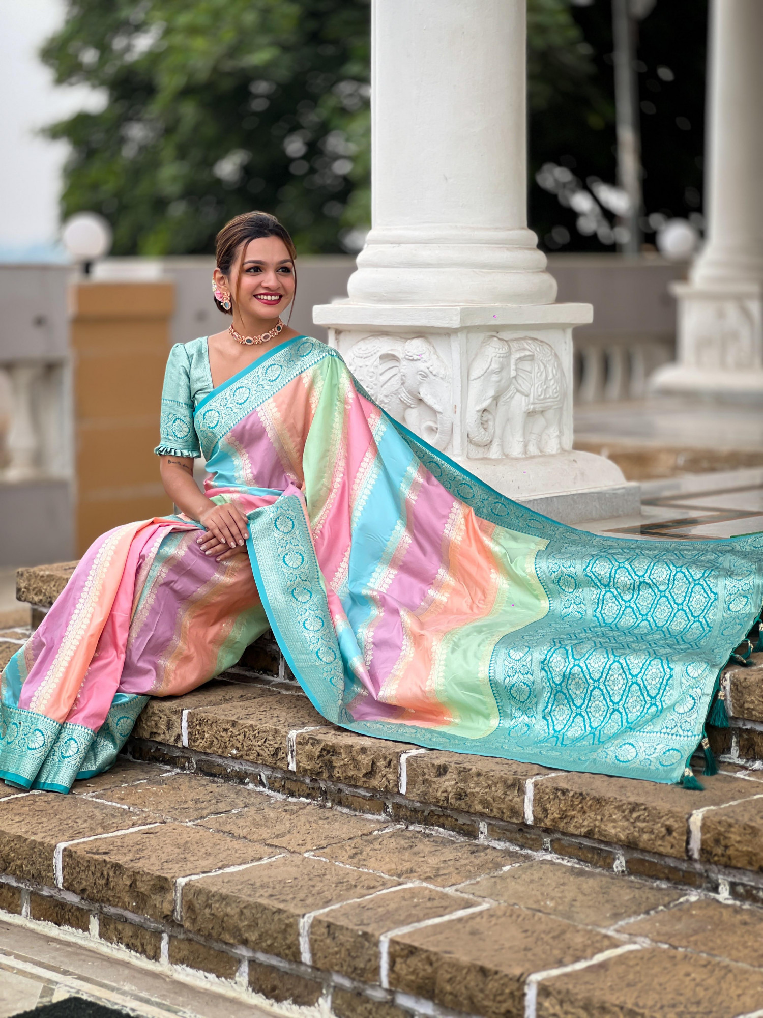Multicolor Pure Banarasi Silk Silver Zari Weaved Stripes Rich Pallu Saree