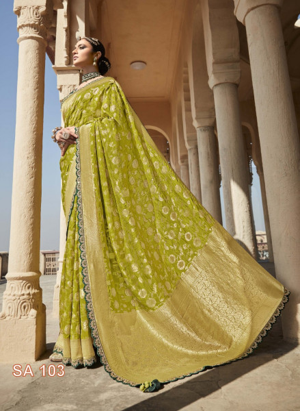 Image of Mehendi Green Pure Dola Silk Floral Zari Weaved Body Rich Pallu  Embroidered Blouse Piece Saree